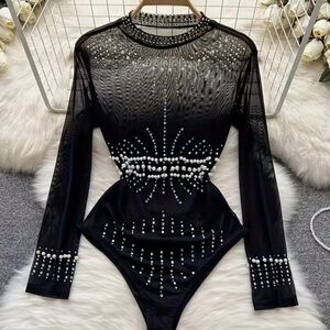 Elegant Black Embellished Bodysuit